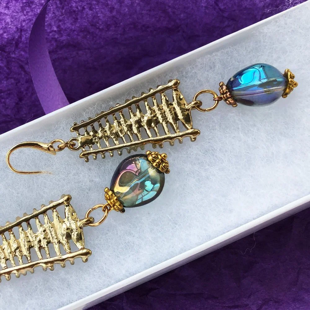 Long party earrings for women, glass bead drop dangle earrings gold handmade